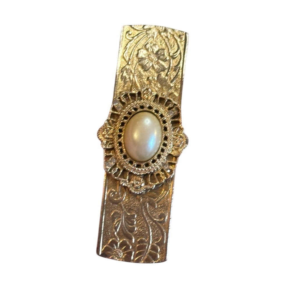 Elegant Vintage Gold Floral Made In France floral etched Hair Clip Pearl Accent